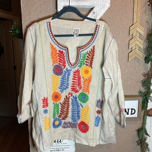 Sister Mary Gloria Tunic Top In Cream with Rainbow Floral Embroidery Size Large
